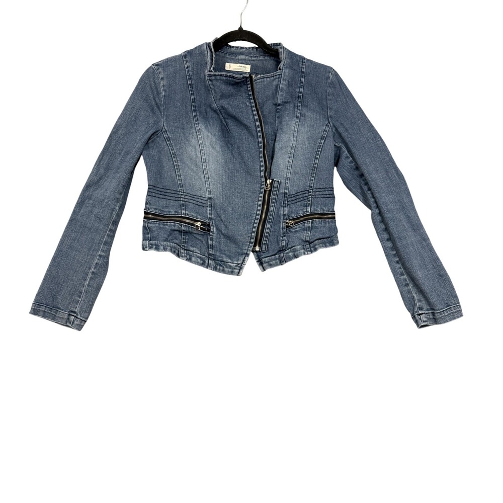 Main Story Jacket Womens Medium Blue Denim Jean Moto Asymmetrical Zip Cropped